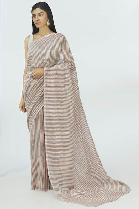 Akaaro_Multi Color Chanderi Striped Saree  _Online_at_Aza_Fashions