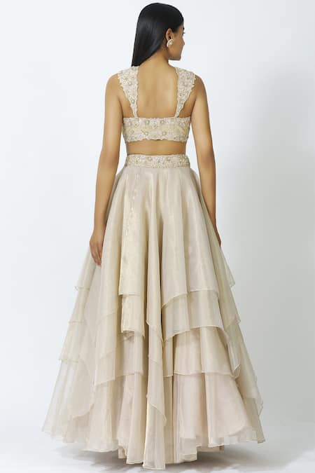 Shop_Ariyana By Aza_Gold Tulle, Silk, Net Sequins, Embroidery Embellished Layered Bridal Lehenga Set _at_Aza_Fashions