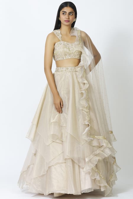 Ariyana By Aza_Gold Tulle, Silk, Net Sequins, Embroidery Embellished Layered Bridal Lehenga Set _Online_at_Aza_Fashions