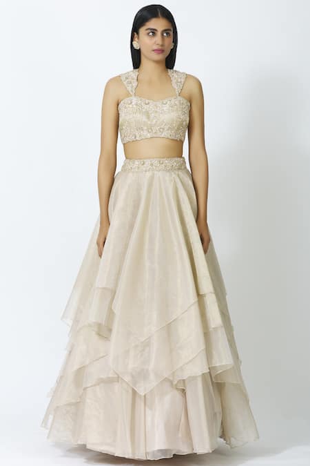 Buy_Ariyana By Aza_Gold Tulle, Silk, Net Sequins, Embroidery Embellished Layered Bridal Lehenga Set _Online_at_Aza_Fashions