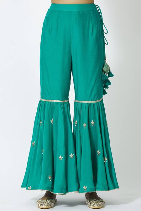 Shop_Aariyana Couture_Blue Cotton, Silk, Net Gota Patti, Sequins, Embellished Kurta Sharara Set_Online_at_Aza_Fashions