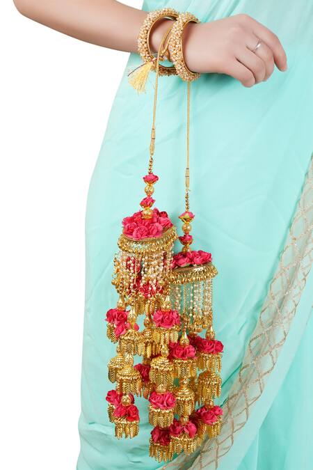 Shop_Auraa Trends_Gold Plated Beads Floral Kaleeras Set Of 2 _at_Aza_Fashions