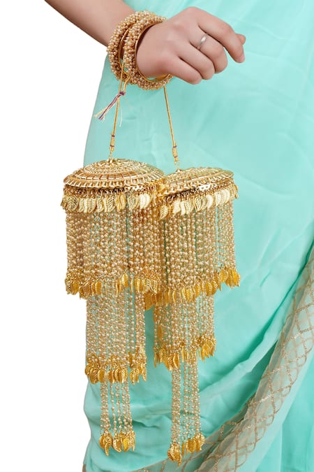 Shop_Auraa Trends_Gold Plated Beads, Zari Carved Leaves Embellished Layered Kaleera _at_Aza_Fashions