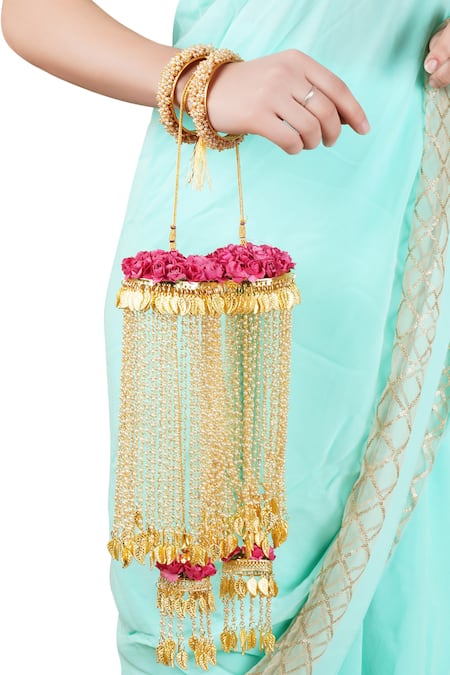 Shop_Auraa Trends_Gold Plated Beads, Zari Floral Kaleeras Set Of 2 _at_Aza_Fashions