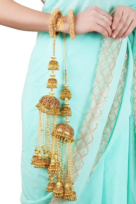 Shop_Auraa Trends_Gold Plated Beads, Stones Kundan Kaleeras Set Of 2_at_Aza_Fashions