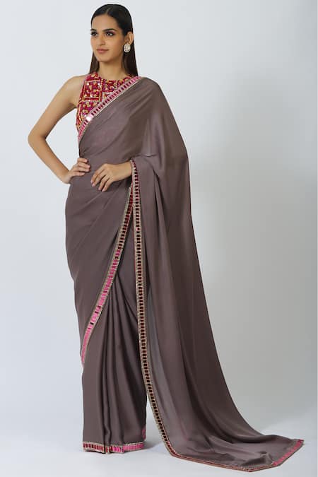 Manish Malhotra Grey Satin Embellished Saree With Blouse