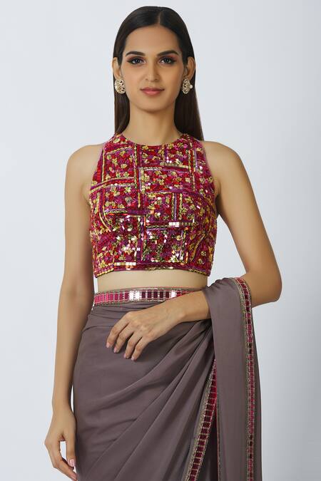 Manish Malhotra Grey Satin Embellished Saree With Blouse Online at Aza Fashions Manish Malhotra_Grey Satin Embellished Saree With Blouse_Online_at_Aza_Fashions