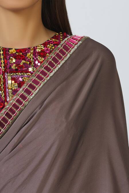 Shop Manish Malhotra Grey Satin Embellished Saree With Blouse Online at Aza Fashions Shop_Manish Malhotra_Grey Satin Embellished Saree With Blouse_Online_at_Aza_Fashions