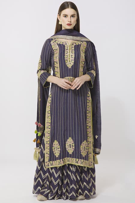 Simar Dugal Blue Cotton Chanderi Notched Kurta Sharara Set  