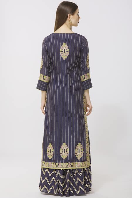 Shop Simar Dugal Blue Cotton Chanderi Notched Kurta Sharara Set at Aza Fashions Shop_Simar Dugal_Blue Cotton Chanderi Notched Kurta Sharara Set _at_Aza_Fashions