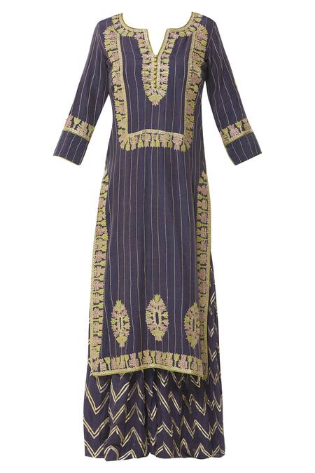 Buy Simar Dugal Blue Cotton Chanderi Notched Kurta Sharara Set Online at Aza Fashions Buy_Simar Dugal_Blue Cotton Chanderi Notched Kurta Sharara Set _Online_at_Aza_Fashions