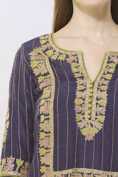 Simar Dugal Blue Cotton Chanderi Notched Kurta Sharara Set at Aza Fashions Simar Dugal_Blue Cotton Chanderi Notched Kurta Sharara Set _at_Aza_Fashions