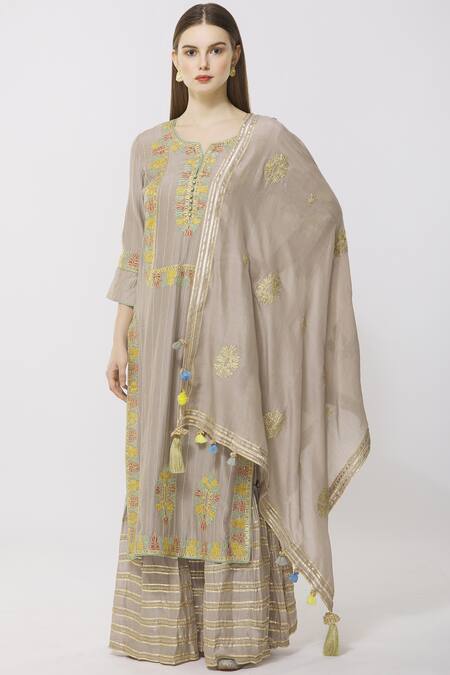 Simar Dugal_Beige Cotton Chanderi Notched Kurta Sharara Set  _Online_at_Aza_Fashions