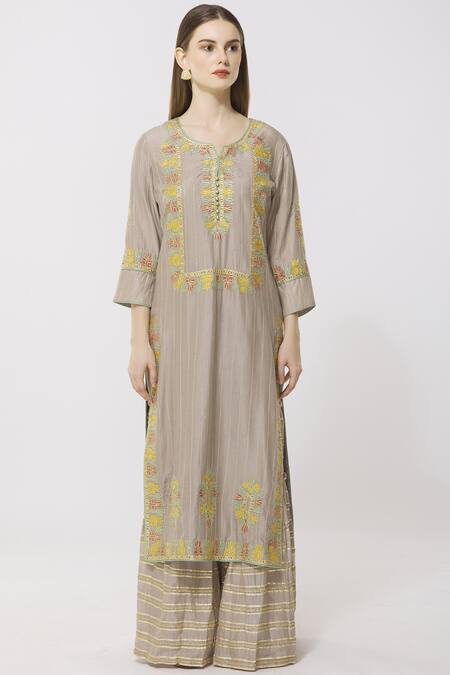 Buy_Simar Dugal_Beige Cotton Chanderi Notched Kurta Sharara Set  _Online_at_Aza_Fashions