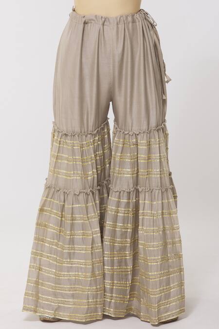 Shop_Simar Dugal_Beige Cotton Chanderi Notched Kurta Sharara Set  _Online_at_Aza_Fashions