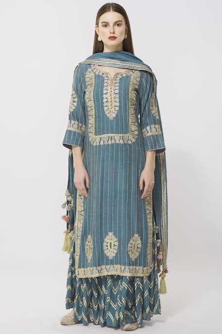 Simar Dugal Blue Cotton Chanderi Notched Kurta Sharara Set  