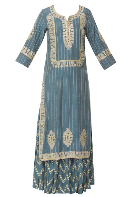 Buy_Simar Dugal_Blue Cotton Chanderi Notched Kurta Sharara Set  _Online_at_Aza_Fashions