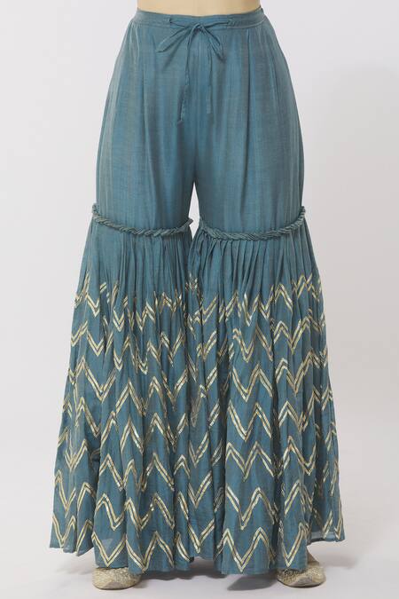 Shop_Simar Dugal_Blue Cotton Chanderi Notched Kurta Sharara Set  _Online_at_Aza_Fashions