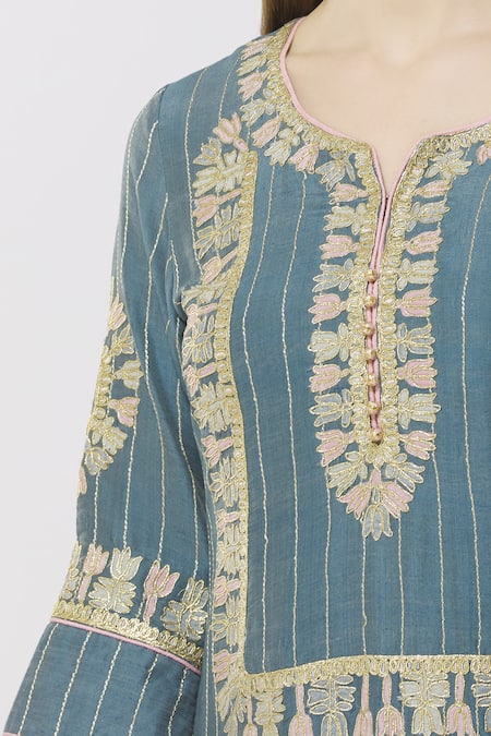 Simar Dugal_Blue Cotton Chanderi Notched Kurta Sharara Set  _at_Aza_Fashions