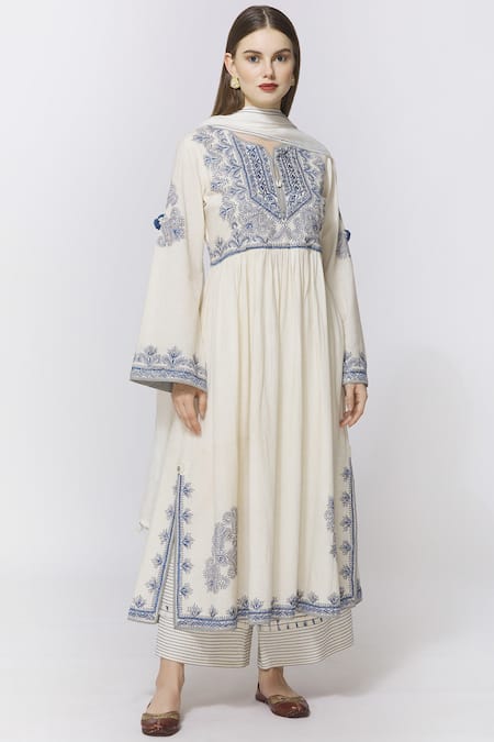Simar Dugal White Cotton Chanderi Notched Kurta Palazzo Set  