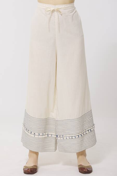 Shop Simar Dugal White Cotton Chanderi Notched Kurta Palazzo Set Online at Aza Fashions Shop_Simar Dugal_White Cotton Chanderi Notched Kurta Palazzo Set _Online_at_Aza_Fashions