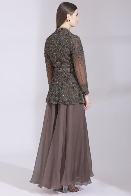 Buy Parul And Preyanka Purple Tulle, Silk Organza Lapel Embroidered Kurta Palazzo Set Online at Aza Fashions Buy_Parul And Preyanka_Purple Tulle, Silk Organza Lapel Embroidered Kurta Palazzo Set _Online_at_Aza_Fashions