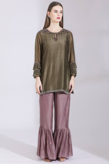 Parul And Preyanka Multi Color Silk Chanderi Round Kurta Sharara Set Online at Aza Fashions Parul And Preyanka_Multi Color Silk Chanderi Round Kurta Sharara Set _Online_at_Aza_Fashions