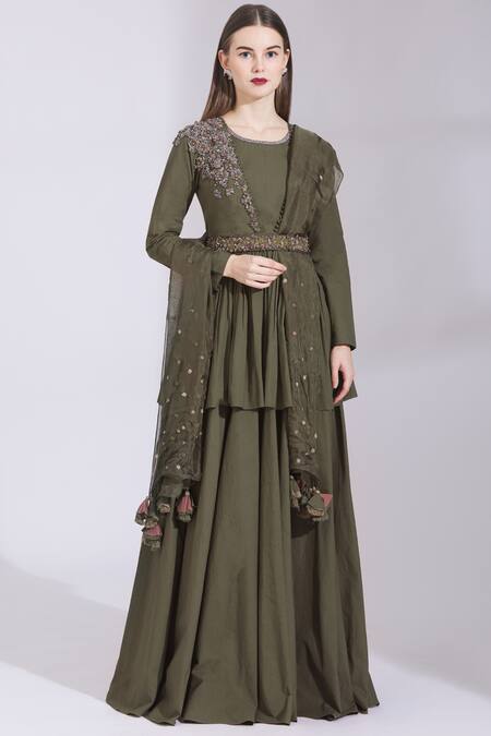 Parul And Preyanka Green Silk, Cotton Round Peplum Anarkali With Dupatta Online at Aza Fashions Parul And Preyanka_Green Silk, Cotton Round Peplum Anarkali With Dupatta _Online_at_Aza_Fashions