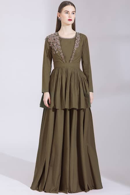 Shop Parul And Preyanka Green Silk, Cotton Round Peplum Anarkali With Dupatta Online at Aza Fashions Shop_Parul And Preyanka_Green Silk, Cotton Round Peplum Anarkali With Dupatta _Online_at_Aza_Fashions