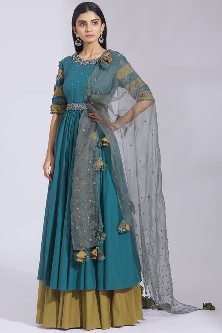Shop Parul And Preyanka Blue Cotton, Silk Organza Round Embroidered Anarkali With Dupatta Online at Aza Fashions Shop_Parul And Preyanka_Blue Cotton, Silk Organza Round Embroidered Anarkali With Dupatta _Online_at_Aza_Fashions