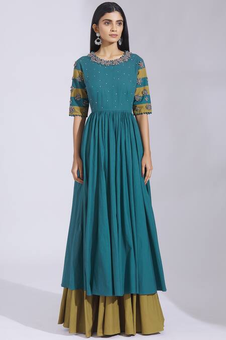 Parul And Preyanka Blue Cotton, Silk Organza Round Embroidered Anarkali With Dupatta at Aza Fashions Parul And Preyanka_Blue Cotton, Silk Organza Round Embroidered Anarkali With Dupatta _at_Aza_Fashions