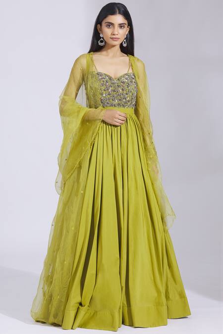 Buy_Parul And Preyanka_Green Cotton , Organza Round Embroidered Anarkali With Dupatta _Online_at_Aza_Fashions