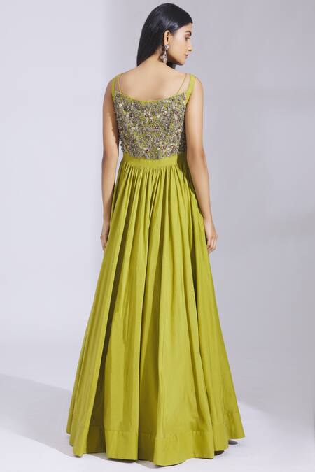Parul And Preyanka_Green Cotton , Organza Round Embroidered Anarkali With Dupatta _Online_at_Aza_Fashions