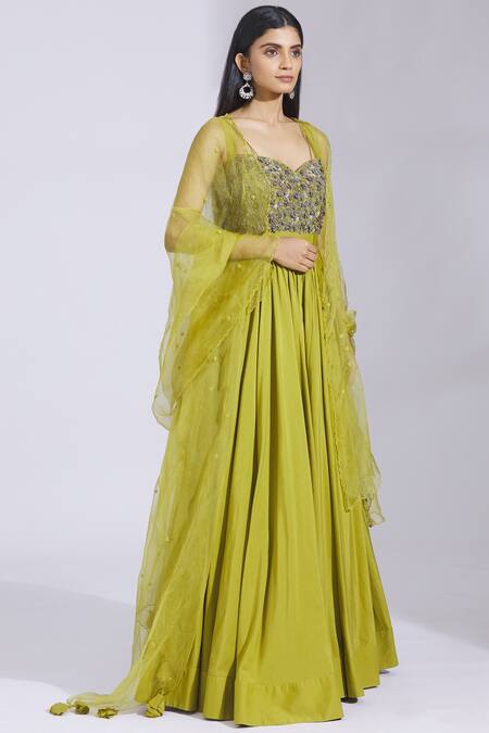 Shop_Parul And Preyanka_Green Cotton , Organza Round Embroidered Anarkali With Dupatta _Online_at_Aza_Fashions