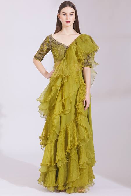 Shop_Parul And Preyanka_Green Tulle, Georgette, Silk Organza Leaf Neck Pre-stitched Saree With Blouse _Online_at_Aza_Fashions
