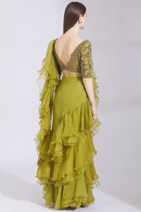 Buy_Parul And Preyanka_Green Tulle, Georgette, Silk Organza Leaf Neck Pre-stitched Saree With Blouse _Online_at_Aza_Fashions