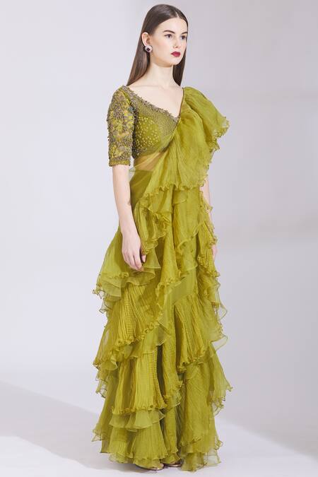 Parul And Preyanka_Green Tulle, Georgette, Silk Organza Leaf Neck Pre-stitched Saree With Blouse _at_Aza_Fashions
