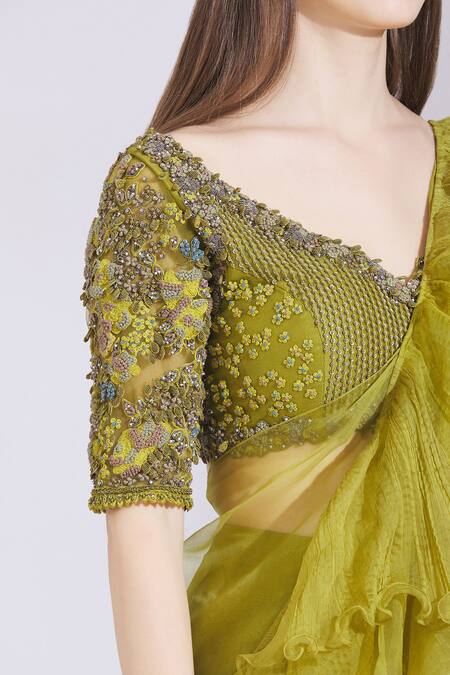 Buy_Parul And Preyanka_Green Tulle, Georgette, Silk Organza Leaf Neck Pre-stitched Saree With Blouse 