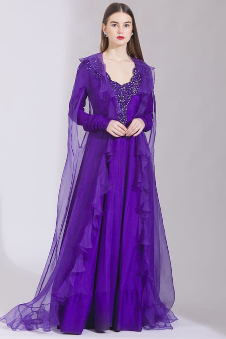 Shop_Parul And Preyanka_Purple Organza, Viscose Round Embroidered Anarkali With Cape _Online_at_Aza_Fashions