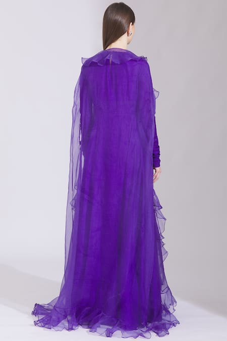 Buy_Parul And Preyanka_Purple Organza, Viscose Round Embroidered Anarkali With Cape _Online_at_Aza_Fashions