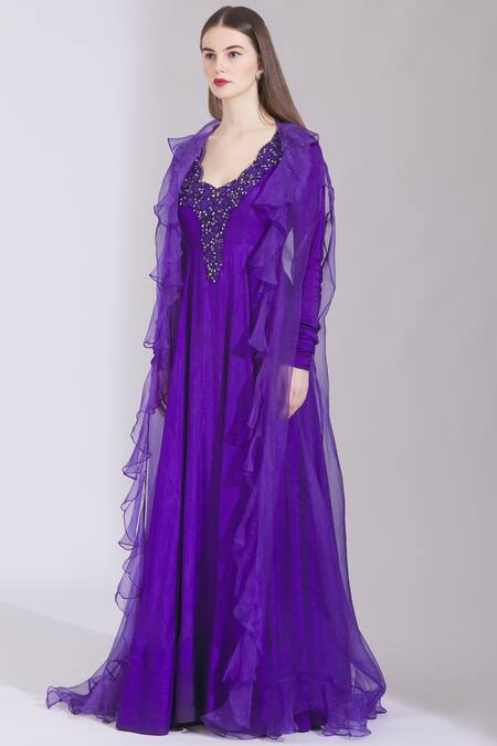 Parul And Preyanka_Purple Organza, Viscose Round Embroidered Anarkali With Cape _at_Aza_Fashions