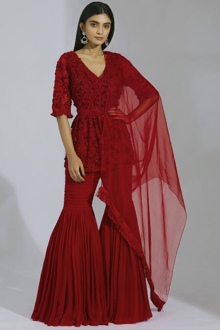 Parul And Preyanka Red Tulle, Georgette, Silk Organza V Neck Embroidered Kurta Sharara Set Online at Aza Fashions Parul And Preyanka_Red Tulle, Georgette, Silk Organza V Neck Embroidered Kurta Sharara Set _Online_at_Aza_Fashions