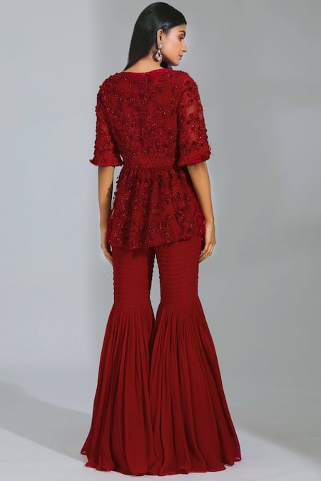 Shop Parul And Preyanka Red Tulle, Georgette, Silk Organza V Neck Embroidered Kurta Sharara Set at Aza Fashions Shop_Parul And Preyanka_Red Tulle, Georgette, Silk Organza V Neck Embroidered Kurta Sharara Set _at_Aza_Fashions