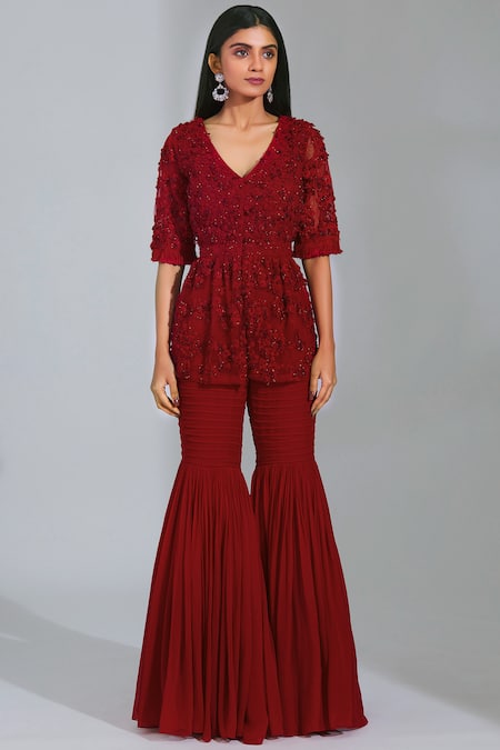 Buy Parul And Preyanka Red Tulle, Georgette, Silk Organza V Neck Embroidered Kurta Sharara Set Online at Aza Fashions Buy_Parul And Preyanka_Red Tulle, Georgette, Silk Organza V Neck Embroidered Kurta Sharara Set _Online_at_Aza_Fashions