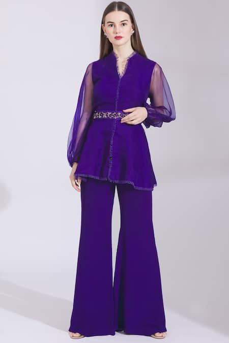 Parul And Preyanka Purple Heavy Crepe, Silk Organza V Neck Flared Pant Set 