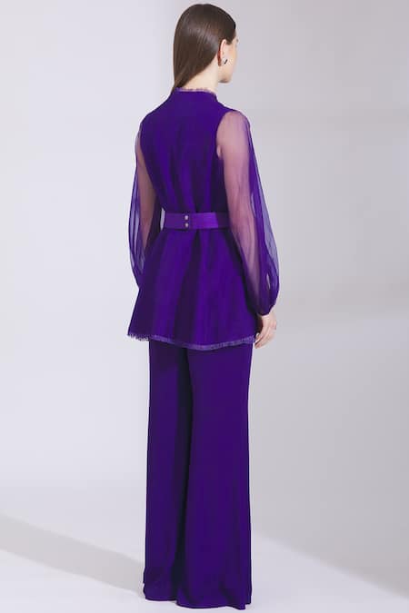 Shop Parul And Preyanka Purple Heavy Crepe, Silk Organza V Neck Flared Pant Set at Aza Fashions Shop_Parul And Preyanka_Purple Heavy Crepe, Silk Organza V Neck Flared Pant Set _at_Aza_Fashions