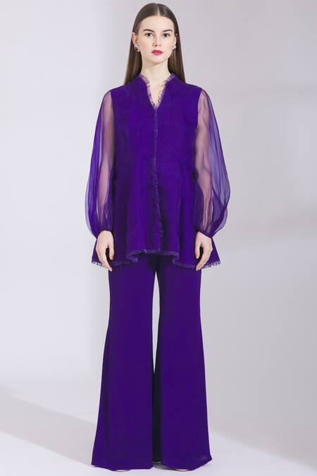 Buy Parul And Preyanka Purple Heavy Crepe, Silk Organza V Neck Flared Pant Set Online at Aza Fashions Buy_Parul And Preyanka_Purple Heavy Crepe, Silk Organza V Neck Flared Pant Set _Online_at_Aza_Fashions