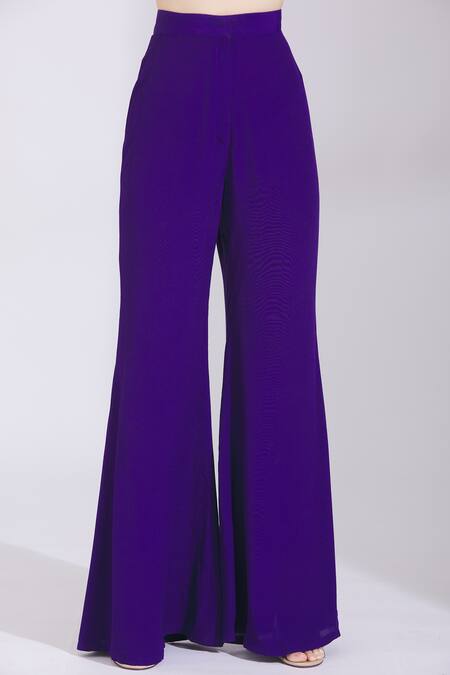 Shop Parul And Preyanka Purple Heavy Crepe, Silk Organza V Neck Flared Pant Set Online at Aza Fashions Shop_Parul And Preyanka_Purple Heavy Crepe, Silk Organza V Neck Flared Pant Set _Online_at_Aza_Fashions