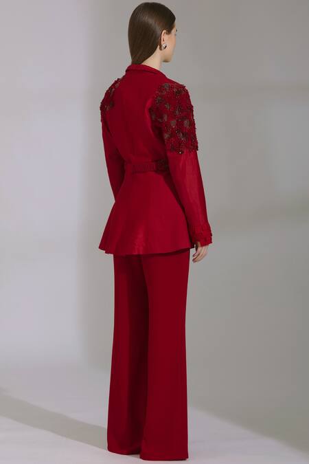 Parul And Preyanka Red Chanderi Heavy Crepe, Silk Dobby Lapel Pant Set Online at Aza Fashions Parul And Preyanka_Red Chanderi Heavy Crepe, Silk Dobby Lapel Pant Set _Online_at_Aza_Fashions