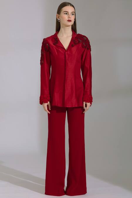 Buy Parul And Preyanka Red Chanderi Heavy Crepe, Silk Dobby Lapel Pant Set Online at Aza Fashions Buy_Parul And Preyanka_Red Chanderi Heavy Crepe, Silk Dobby Lapel Pant Set _Online_at_Aza_Fashions